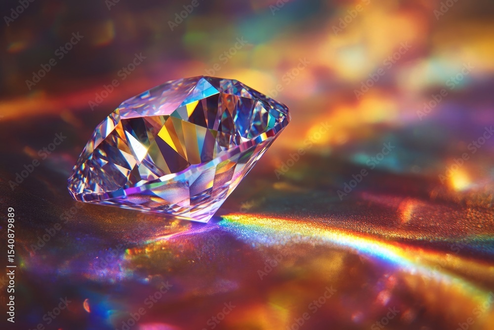 Poster a dazzling diamond sits on a surface, reflecting a vibrant spectrum of rainbow colors and creating a