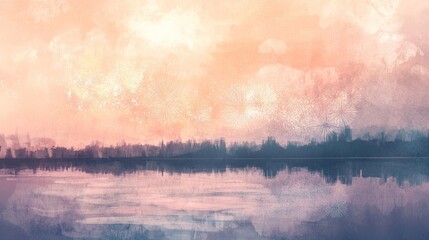 Soft pastel-colored fireworks in shades of peach and lavender bursting asymmetrically