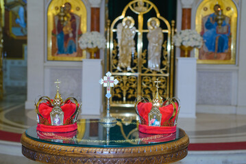 June 14, 2025 - Belgrade, Serbia. Interior of the Crypt of the Church of St. Sava with accessories for the sacred wedding ceremony