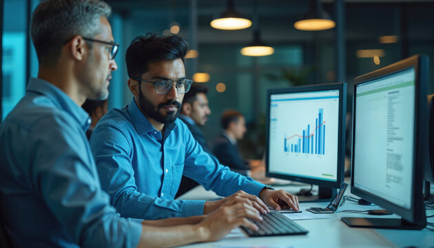 Two diverse colleagues analyze data, discuss business project in modern office. Team leader, analyst, team members work on desktop computers. Corporate meeting in financial tech company. - Powered by Adobe