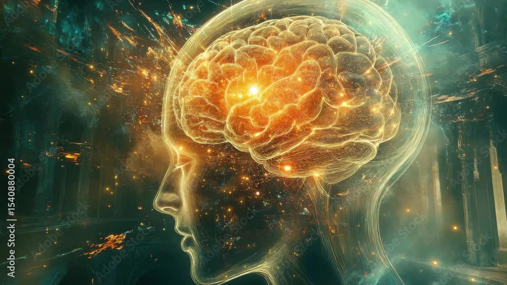 Poster digital data processing visualized through a human brain in a futuristic environment, digital data p