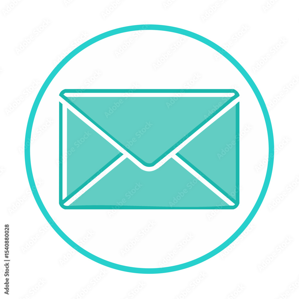 Poster teal envelope icon illustration on white circle background representing mail and communication in di