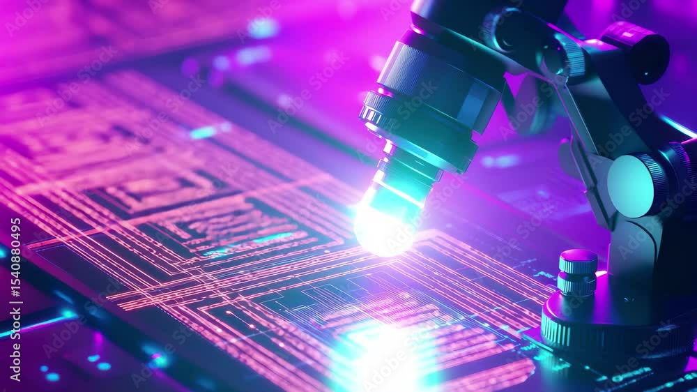 Poster exploring digital data processing with advanced microscope technology in a vibrant environment, scop
