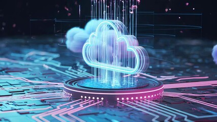 Concept of futuristic neon cloud computing interface with data transmission and digital connections. - Powered by Adobe