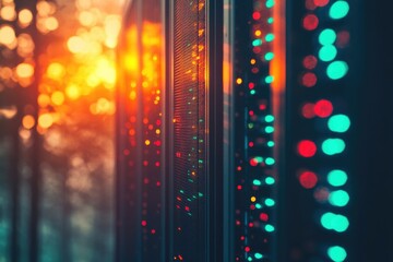 Server racks glow in the dark, suggesting cloud services, big data, networking and technology solutions, in a server room.