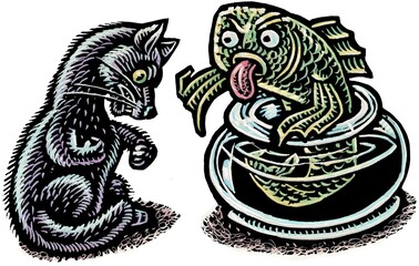 fish sticking out tongue and giving thumbs down to angry black cat