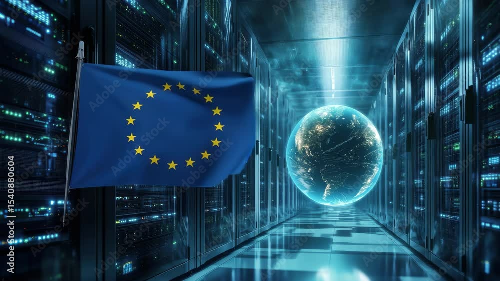 Poster eu flag alongside globe in a modern server room highlighting digital connectivity and global network