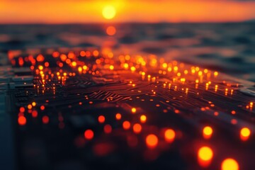 Circuit board with glowing lights under a sunset sky, highlighting technology and connectivity in a warm, abstract visual.