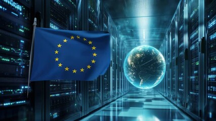 EU flag alongside globe in a modern server room highlighting digital connectivity and global networks, flag of eu and globe over server room - Powered by Adobe