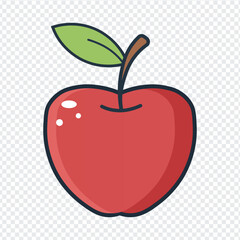 cartoon red apple icon with green leaf and glossy highlights on transparent background