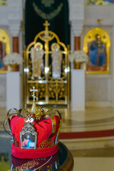 June 14, 2025 - Belgrade, Serbia. Interior of the Crypt of the Church of St. Sava with accessories for the sacred wedding ceremony