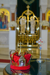 June 14, 2025 - Belgrade, Serbia. Interior of the Crypt of the Church of St. Sava with accessories for the sacred wedding ceremony