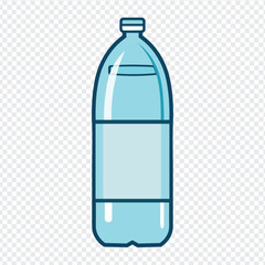 cartoon plastic water bottle icon with blue color and label on transparent background