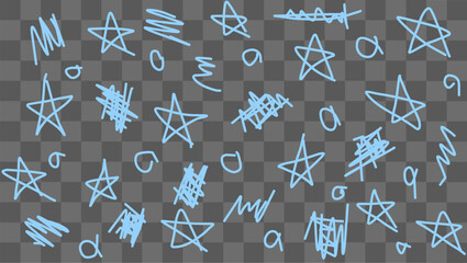 Various hand-drawn blue stars and abstract scribbles are scattered across a transparent background, showcasing a whimsical and artistic design. The playful elements evoke creativity and imagination