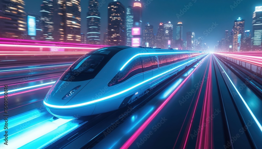 Poster futuristic hyperloop train travels high speed through neon lit cityscape. autonomous vehicle technol
