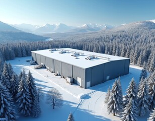 Industrial building, warehouse in winter snowy landscape. Factory in forest with white snow. Aerial view of winter nature, blue skies and evergreen trees. Cold frosty environment.