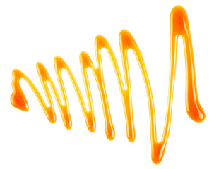 Sweet caramel sauce isolated on a white background, top view. Liquid caramel. Caramel cream.