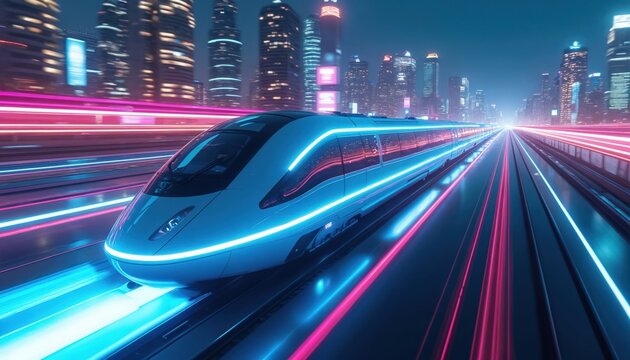 Futuristic hyperloop train travels high speed through neon lit cityscape. Autonomous vehicle technology with digital rail transport innovation. Modern urban infrastructure for passengers, rail