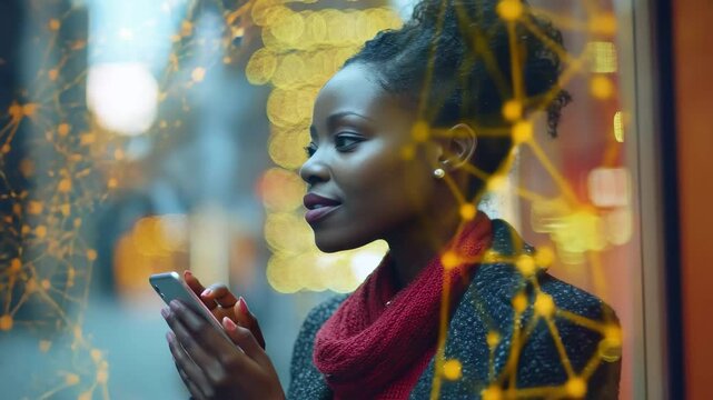 Connecting through technology in an urban setting during evening hours, network of connections with icons over african american female doctor - Powered by Adobe