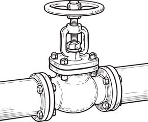 Detailed Black and White Illustration of a Pipeline Valve with Flanges and Wheel Handle detailed black