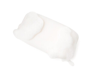 Soap bar with foam isolated on white, above view