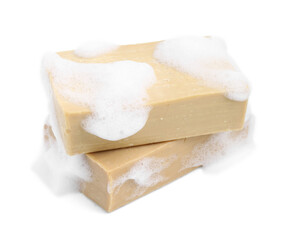 Soap bars with foam isolated on white