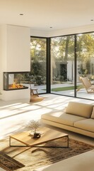 Fototapeta premium Modern living room with fireplace & large windows