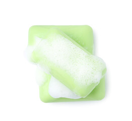 Soap bars with foam isolated on white, top view