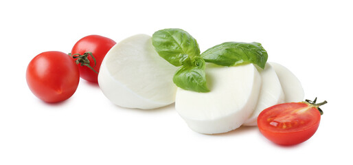 Tasty mozzarella, tomatoes and basil on white background