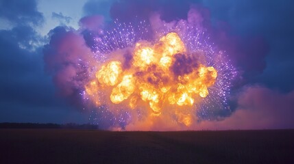 Sulfurous yellow and bold violet fireworks erupting against dense
