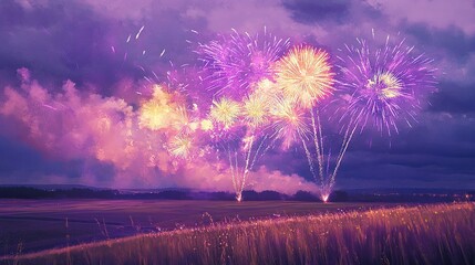 Sulfurous yellow and bold violet fireworks erupting against dense