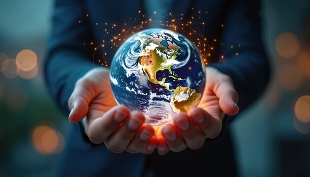 Businessman holds global business globe network connections. Earth sphere represents global network. World map in hands shows international business, teamwork, communication, innovation concept.