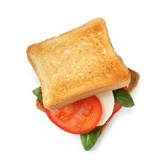Tasty sandwich with mozzarella cheese, tomato and basil on white background, top view