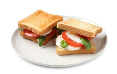 Tasty sandwiches with mozzarella cheese, tomatoes and basil on white background