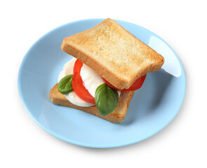Tasty sandwich with mozzarella cheese, tomato and basil on white background, above view