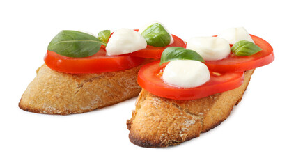 Tasty sandwiches with mozzarella cheese, tomatoes and basil on white background