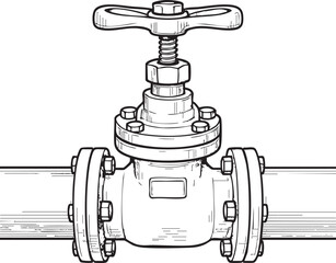 Detailed Black and White Illustration of a Gate Valve on a Pipe System with Flanges detailed