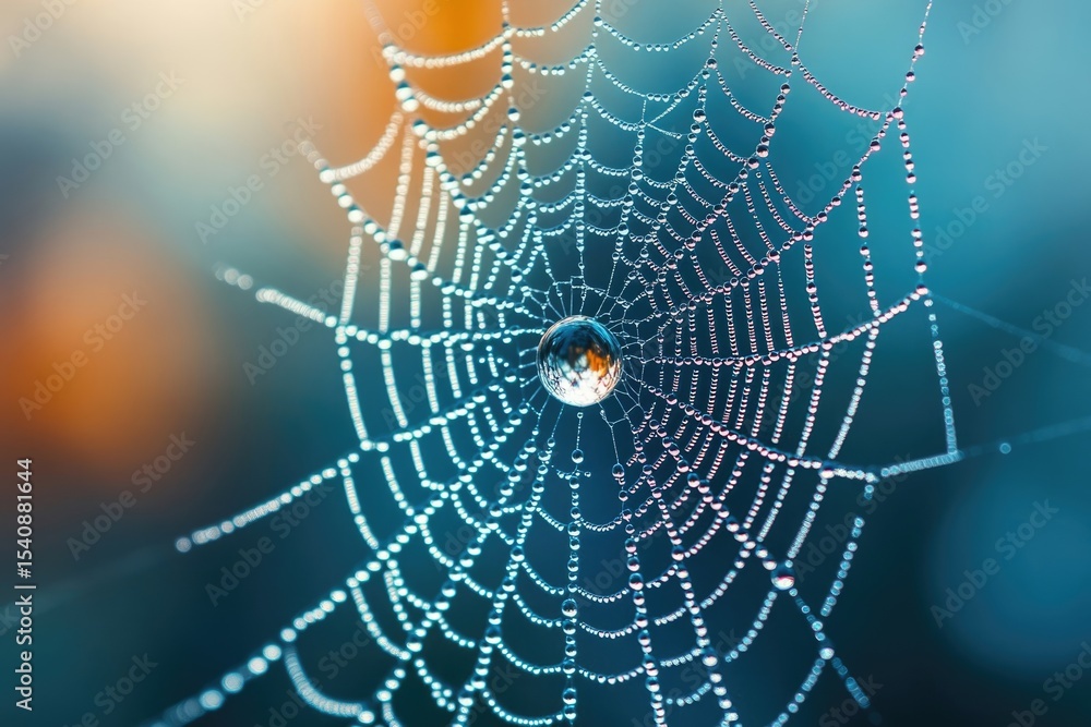 Poster a spiderweb glistening with dew drops, centered around a larger drop, creating a beautiful, intricat