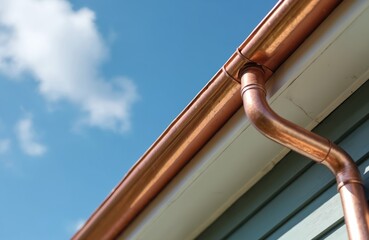 Close-up of copper gutters and downspout. Shiny metal building exterior, residential house with blue sky and clouds. Construction, drainage system, rainwater concept.