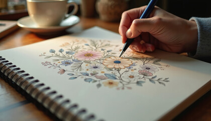 Artist sketches floral patterns with pen in notebook, delicate lines, details take shape. Cup of coffee nearby on wooden table. Creative process, drawing flowers illustration, art work, design.