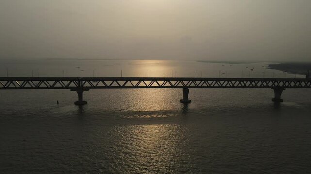 4K Sunset Aerial View of Padma Bridge &ndash; Iconic Infrastructure Over Padma River in Bangladesh