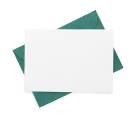 Blank invitation card and envelope isolated on white, top view. Space for design
