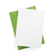Blank invitation card and envelope isolated on white, top view. Space for design