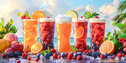 A refreshing presentation of five colorful summer drinks served in tall glasses, brimming with ice, fresh berries, citrus slices, and a foamy layer.