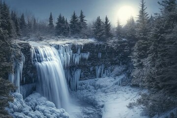 A picturesque winter scene featuring a waterfall cascading over ice-covered rocks and a forest covered with snow.