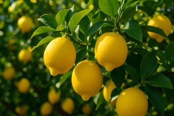 Close up of ripe lemons growing on a lemon tree branch, surrounded by green leaves, in a sunny citrus orchard