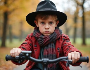 Naklejka premium Sad boy in hat and scarf on bicycle. Child with unhappy face in autumn park. Portrait of sorrowful kid outdoors. Boy with sad expression sits on bike.