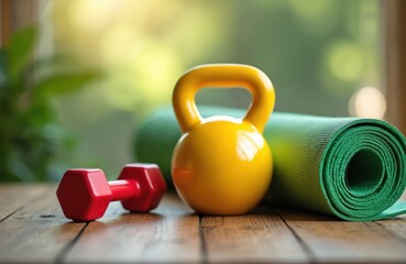 Red dumbbell, yellow kettlebell with green yoga mat on wood table. Fitness, sport, healthy lifestyle concept. Workout at home, weight training, exercise. Wellness. Healthy living.