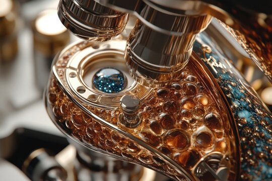 A close-up, intricately designed golden microscope with a cosmic sphere, reflecting science, art, and the universe's wonders.