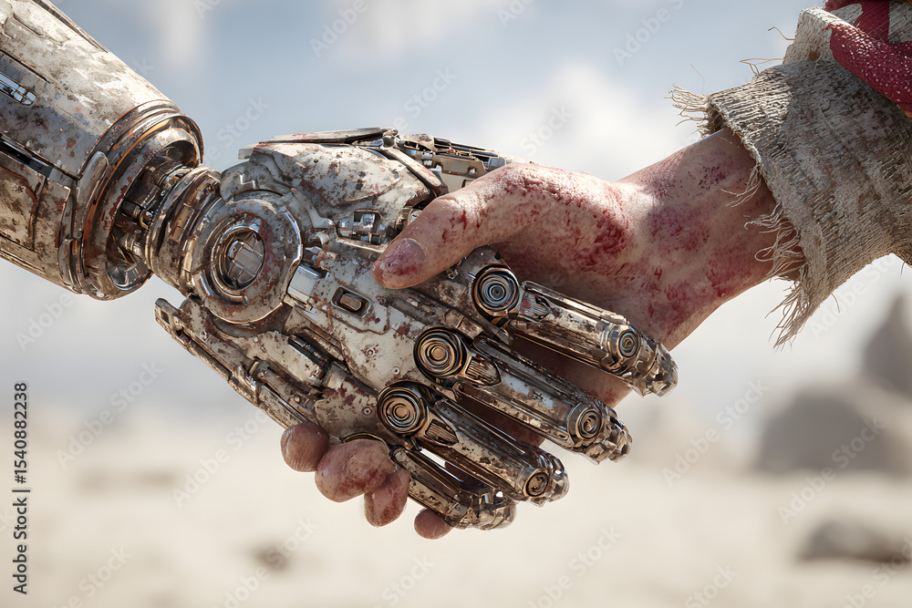Poster robot and human hands connect on customer support network, showcasing automation and ai efficiency